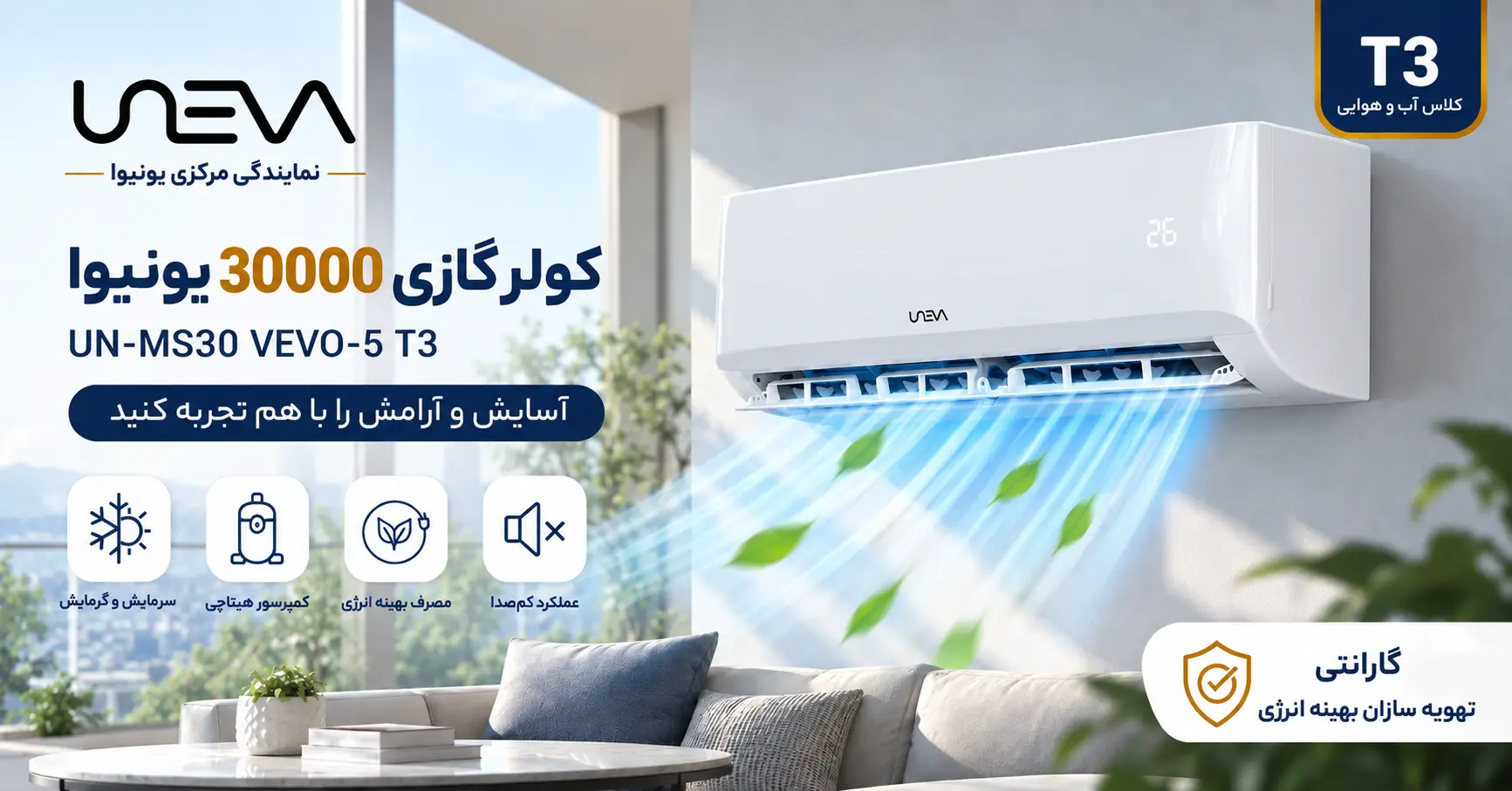 ویژگی های کولرگازی 30000 یونیوا ویوو 5 پنل سفید